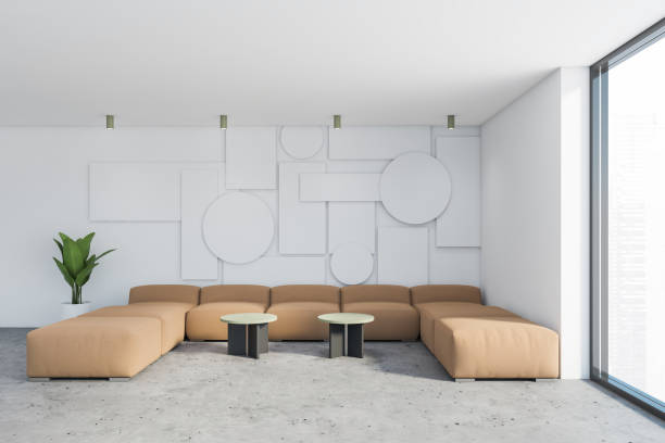 istock Geometric panoramic white living room, beige sofa 1263312779