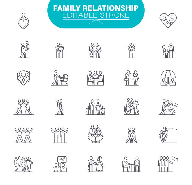 stockillustraties, clipart, cartoons en iconen met pictogrammen voor gezinsbewerkbare lijn. in set pictogram als relatie, kind, gemeenschap, personen - family