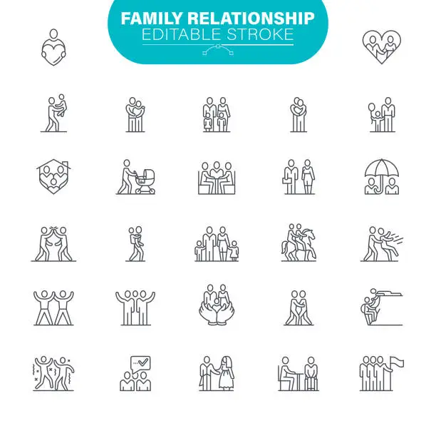 Vector illustration of Family Editable Stroke Icons. In set icon as Relationship, Child, Community, People