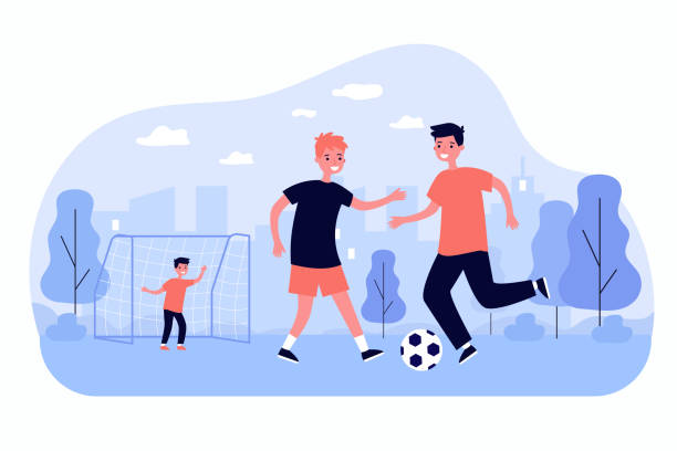 ilustrações de stock, clip art, desenhos animados e ícones de active children playing soccer outdoors - soccer player soccer sport people