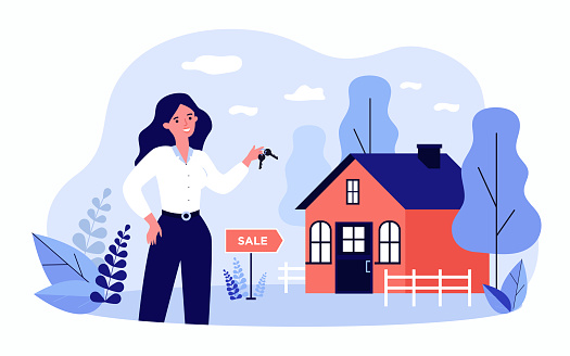 Woman holding keys from house for sale and smiling isolated flat vector illustration. Cartoon realty agent standing near building. Real estate and mortgage concept