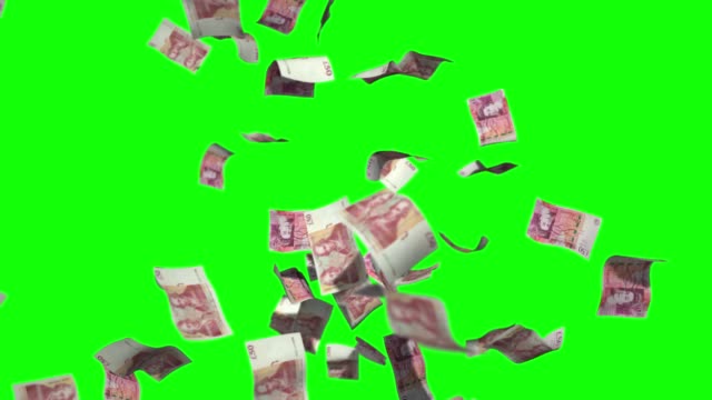Raining money stock video fifty biritsh pound sterlin currency over green screen chroma key background