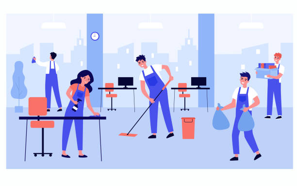 Cleaning staff team working in office Cleaning staff team working in office isolated flat vector illustration. Cartoon professional janitors washing room from dirt. Cleaning service and hygiene concept flooring illustrations stock illustrations