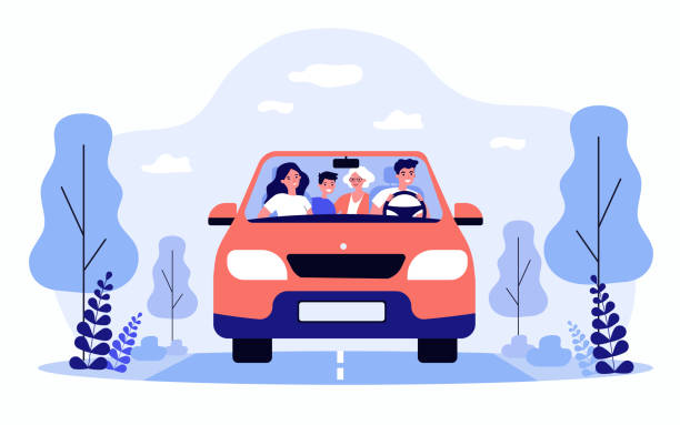 Happy family travelling in car isolated flat vector illustration Happy family travelling in car isolated flat vector illustration. Front view of cartoon father, mother, son and grandmother in automobile. Vacation and weekend concept family in car stock illustrations