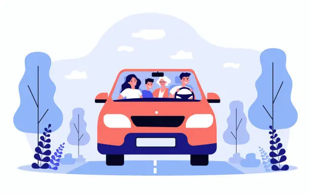 Vector illustration of Happy family travelling in car isolated flat vector illustration