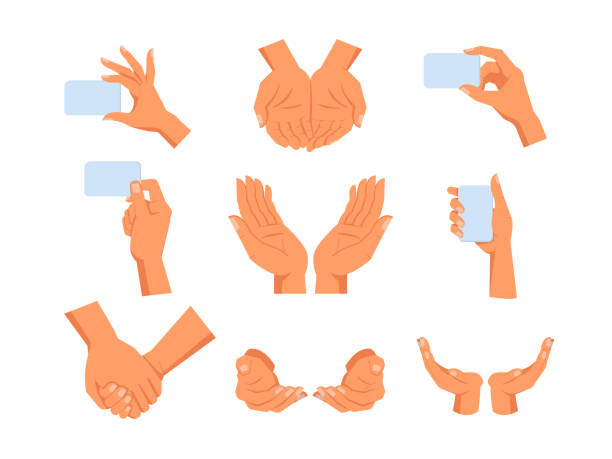 Set of isolated human hands gesture. Sign of hold, take and give, peace and growth, nature care and love grip. Arm holding empty or blank visit or credit card. Gesticulation and people theme Set of isolated human hands gesture. Sign of hold, take and give, peace and growth, nature care and love grip. Arm holding empty or blank visit or credit card. Gesticulation and people theme human finger stock illustrations