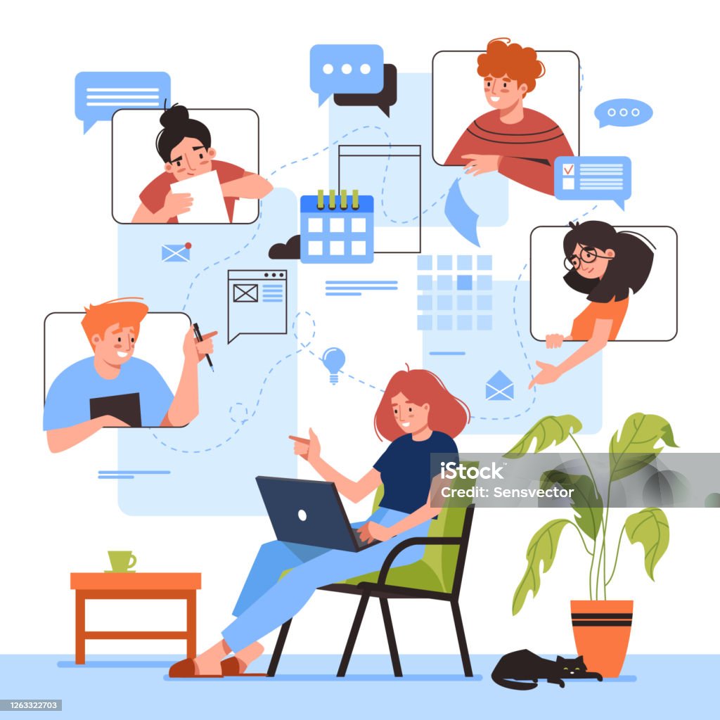 Online meeting vector illustration design. Woman with laptop at remote work conference. Virtual video study or education, business planning. Flat cartoon people discussion. Home office concept. Communication stock vector