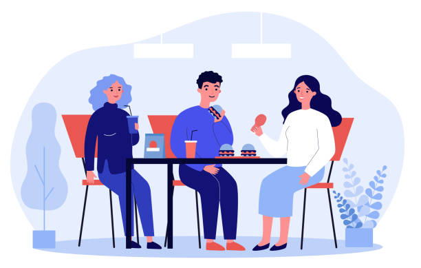 People eating fast food People eating fast food. Restaurant customers eating burgers at table flat vector illustration. Junk food, unhealthy habit, catering concept for banner, website design or landing web page eating illustrations stock illustrations