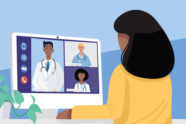 illustrations, cliparts, dessins animés et icônes de vidéoconférence à la maison, jeune femme africaine de plan rapproché ayant la réunion d’appel vidéo avec des médecins à la maison. vecteur - vidéoconférence illustrations