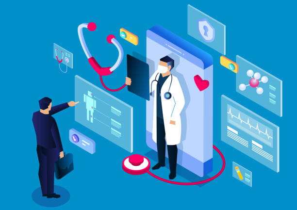 Isometric medical, smartphone online medical consultation and diagnosis application, modern digital medical technology Isometric medical, smartphone online medical consultation and diagnosis application, modern digital medical technology health technology stock illustrations