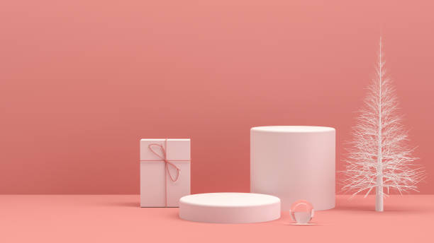istock 3D Empty Product Stand, Platform, Podium with Gift Box and Christmas Tree, Minimal Design 1263329171