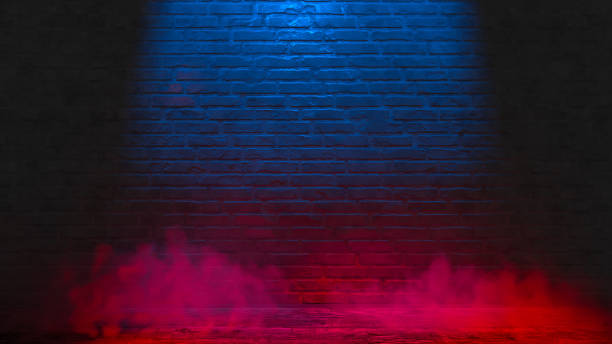 istock Brick wall, grunge black background, neon light and smoke effect. 3d rendering 1263331753