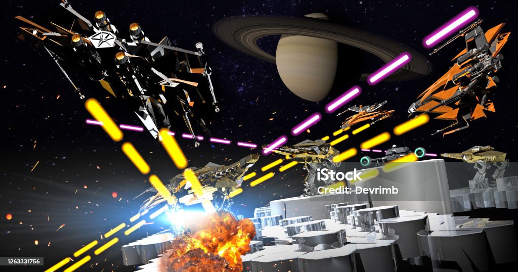 Battle on Titan Moon Fantastic spaceships are fighting on Saturn’s moon. Fantastic Video Game Stage. New generation science fiction movie scene. Video Game Stock Photo