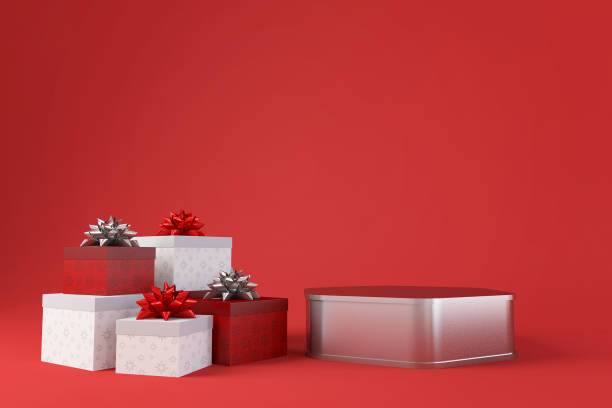 istock Stage podium or product stand showcase on white background, Creative product shelf for presentation template ,Silver polygon with gift boxes concept for special celebration of greeting, 3D rendering 1263341467