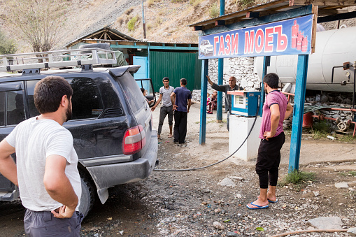 Khorog, Tajikistan August 25 2018: One of the few gas stations on the Pamir Highway, where the off road vehicles are fueled