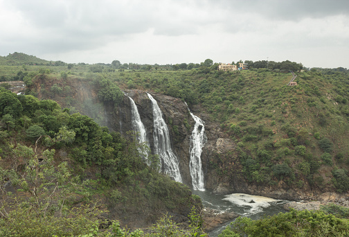 An Amazing view of the river Cauvery majestically descending through Gaganachukki waterfall from a height of around 300 feet in Shivanasamudra town near Mysore in Karnataka state of India.