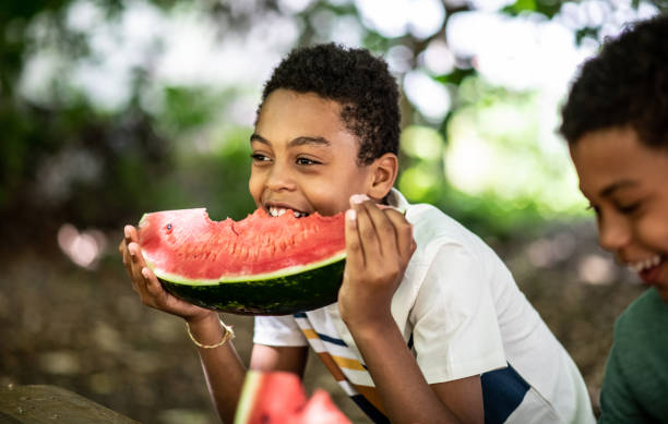 istock Side image of a boy eats a watermelon in nature on a sunny day 1263347393