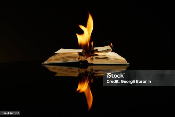 Burning Book Isolated On Black Background And Reflective Surface Concept Photography About Literature Art Antiutopia Stock Photo - Download Image Now