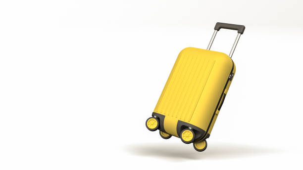 luggage baggage bag on white background, realistic 3d illustration front view. suitcase plastic bag flying, creative journey concept with space for text. modern luggage design, yellow summer colors. - saco objeto manufaturado ilustrações imagens e fotografias de stock