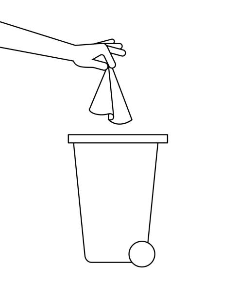 Hand is throwing away a paper tissue in a trash bin. Dispose used paper towels. Respiratory hygiene. COVID-19 prevention. Line icon. Black outline on white background. Vector illustration, clip art. paper towel stock illustrations