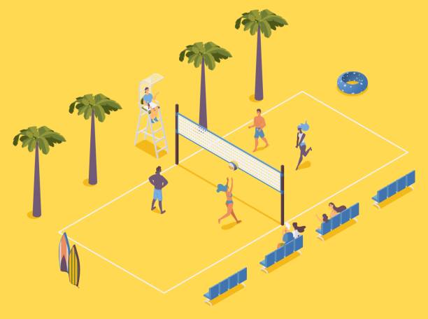 isometrischer beachvolleyball mit spielern, richtern und zuschauern auf stühlen auf gelbem hintergrund - volleyball sport floor ball stock-grafiken, -clipart, -cartoons und -symbole