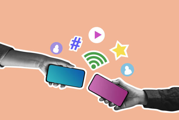 Social Media Concept. Internet Connection in Smartphone. Technology that Help People to Keep their Good Relationship. Collage Retro Style