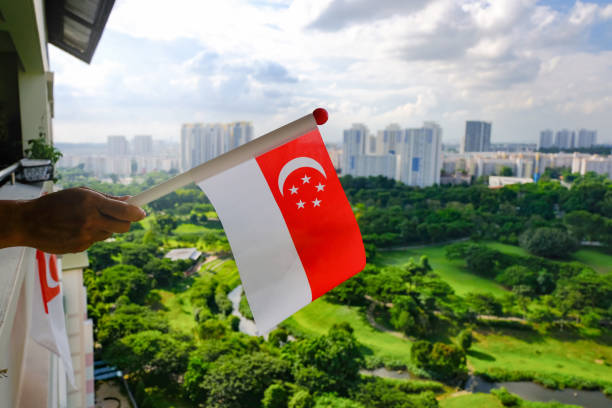 Hand waving Singapore flag outside on bright sunny day. Park and skyline in background Hand waving Singapore flag outside apartment balcony corridor on bright sunny day. Lush green open space park, and skyline in the background; celebrate national day clear sky usa tree day stock pictures, royalty-free photos & images