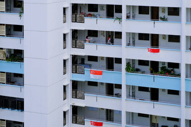 Members of PSP going from door to door, distributing papers to households; Singapore Elections 2020 Singapore July02 2020 View of HDB block exterior. 2 members of PSP (Progress Singapore Party, not Playstation) seen going from door to door, distributing papers to households; Singapore Elections 2020 psp stock pictures, royalty-free photos & images