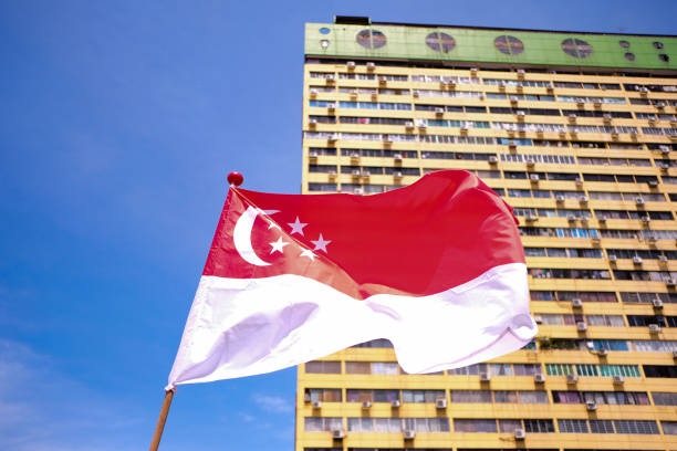 bandera de singapur ondeando en el viento contra el fondo de los pueblos parque antiguo edificio - clear sky outdoors horizontal close up fotografías e imágenes de stock