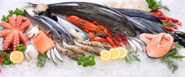 vista superior de la variedad de pescados y mariscos frescos en el hielo - prepared fish cooked dinner mackerel fotografías e imágenes de stock