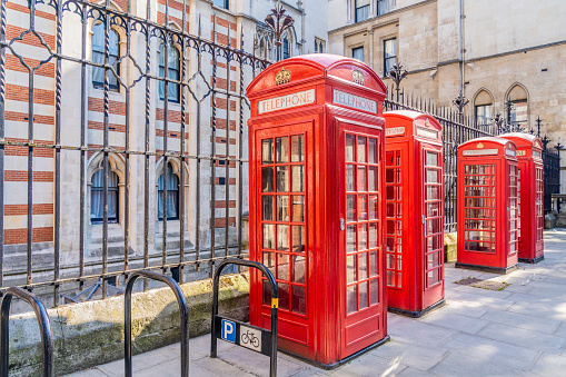 June 2020. London.A row of red phone boxes in Holborn, London, UK, Europe