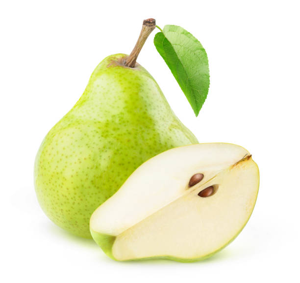 istock One whole green pear and a piece with seeds isolated over white background 1263361646