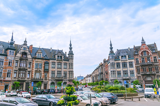 Brussels, Belgium. Beautiful houses in Place Colignon in the district Schaerbeek. Panorama.