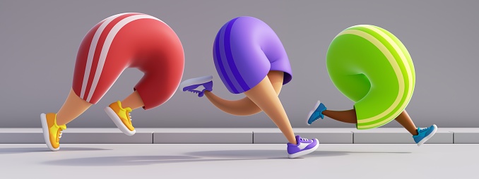 3d render. Cartoon character corpulent legs run. Sport illustration of marathon contestants.