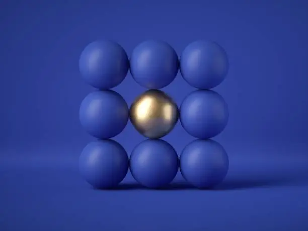 3d render, abstract geometric design: gold ball amongst blue balls isolated on blue background. Balance, gravity, one of a kind exception concept. Modern design. Matrix of primitive shapes