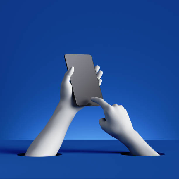 istock 3d render white mannequin hands hold abstract black smart phone, gadget blank mockup. Electronic device isolated on blue background. Futuristic technology concept 1263367468