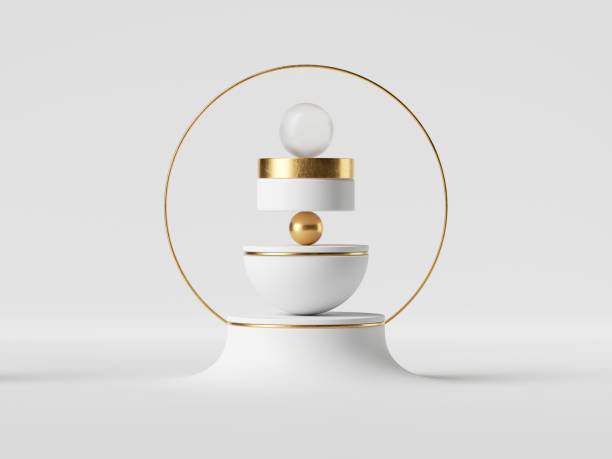 istock 3d rendering, white cream bottle vial jar with golden cap inside metallic ring stands on pedestal isolated on white background. Beauty product cosmetic commercial showcase, balancing concept. 1263367503