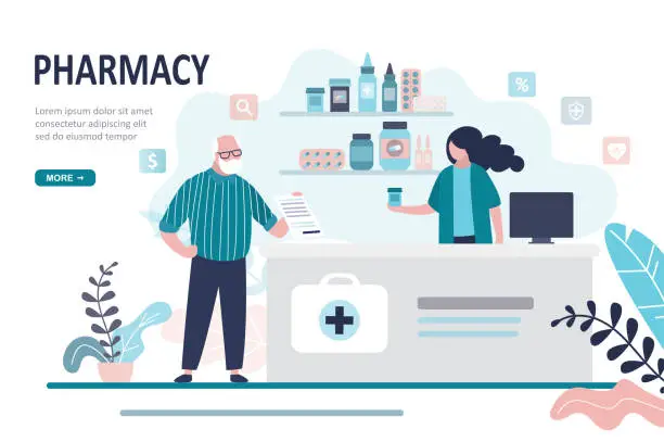 Vector illustration of Doctor pharmacist and old man patient in drugstore. Elderly male client buying medication in pharmacy. Healthcare and shopping concept.