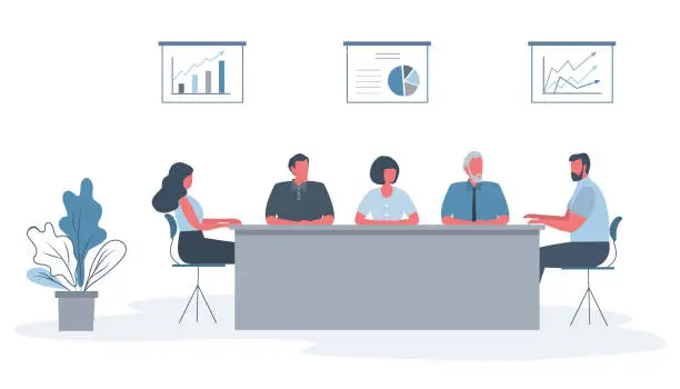 Vector illustration of Office workers during the meeting. Employees are sitting at the table in the office