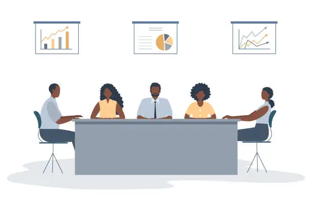 Vector illustration of Black people are sitting at the table in the office. Office workers during the meeting