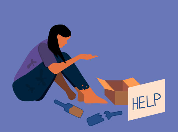 ilustrações de stock, clip art, desenhos animados e ícones de homeless poor woman sitting on the street.beggar in dirty torn clothes with cardboard box for alms and a piece of paper with text "help".alcohol addiction,unwillingness to work. - unwillingness