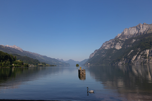 View on Walensee (Lake Walen) near Walenstadt, St. Galen, Glarus, Switzerland.