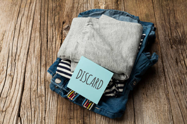 istock Stack of old clothes to discard (declutter) or donate. Recycling fabric cotton 1263379499