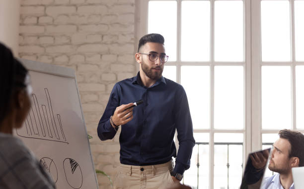 istock Arabic male coach talk making whiteboard presentation at briefing 1263380502