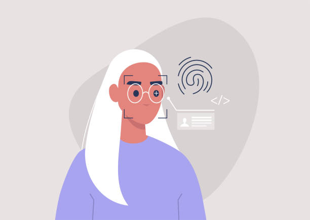 Face, eye and fingerprint scanning technologies, cyber security, biometrics, young female character passing the identity test Face, eye and fingerprint scanning technologies, cyber security, biometrics, young female character passing the identity test thumbprint people cartoons stock illustrations
