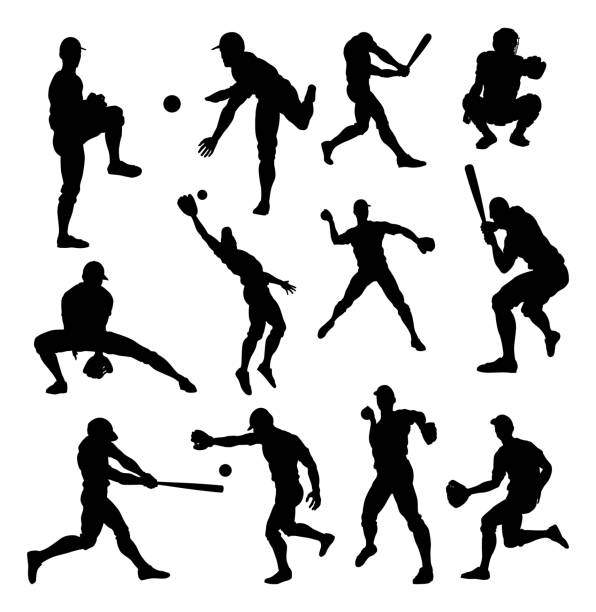 Baseball Player Silhouettes Baseball player detailed silhouettes sports set in lots of different poses softball pitcher stock illustrations