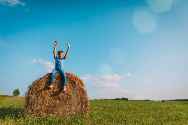 istock happy boy play on hay stack in wheat field 1263400035