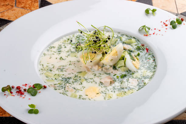 istock Summer cold yogurt soup okroshka. With vegetables and chicken. 1263400589