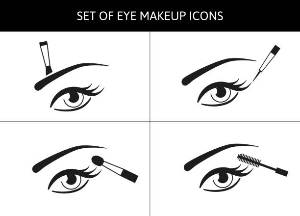 Set of vector eye icons with different brushes for makeup. Applying beauty products Set of vector eye icons with different brushes for makeup. Applying beauty products and cosmetics flat illustration eyeliner brush stock illustrations