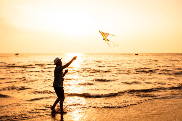 istock asian adult playing kite on the beach 1263401864